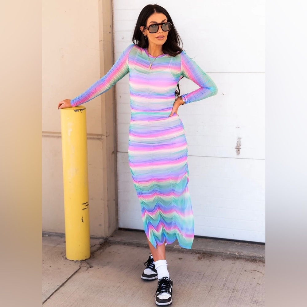 Dressed in Lala Ruched Mesh  Midi Dress in Rainbow size XL